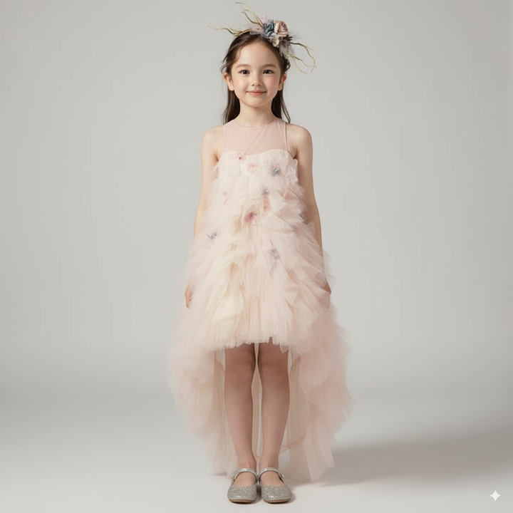 Blush Pink Tulle Flower Girl Dress with Butterfly Appliqué – Special Occasion Flower Girl Dress with Sleeveless Plus Size