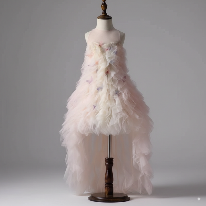 Blush Pink Tulle Flower Girl Dress with Butterfly Appliqué – Special Occasion Flower Girl Dress with Sleeveless Plus Size