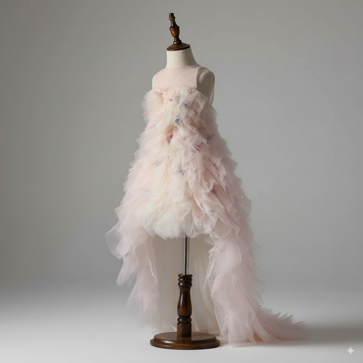 Blush Pink Tulle Flower Girl Dress with Butterfly Appliqué – Special Occasion Flower Girl Dress with Sleeveless Plus Size