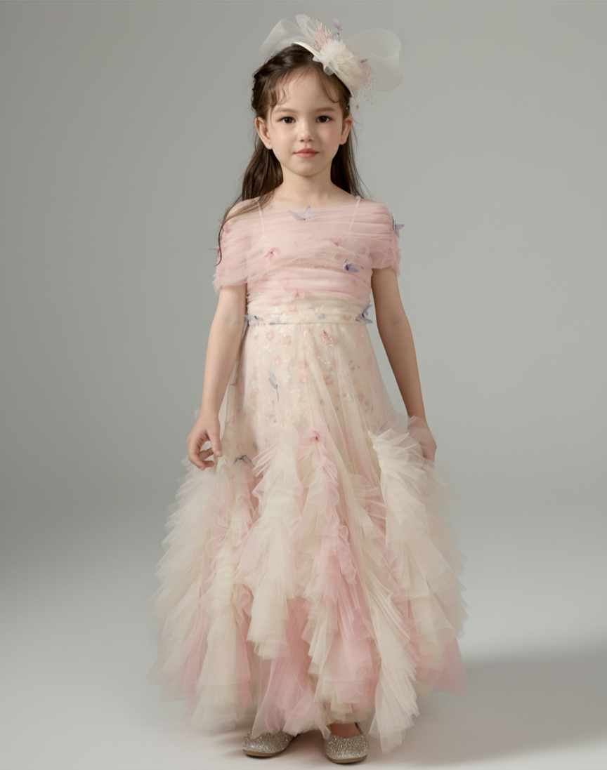 Blush Pink Tulle Flower Girl Dress with Off Shoulder – Special Occasion Flower Girl Dress with Butterfly Appliqué Plus Size