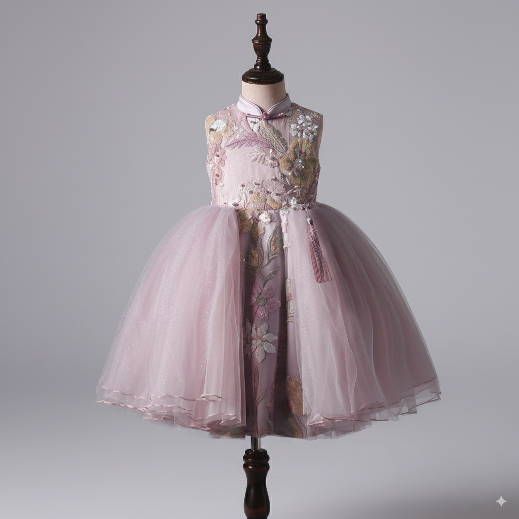 Blush Pink Embroidered Flower Girl Dress with Sequin Appliqué and Tulle Skirt – Special Occasion Flower Girl Dress Plus Size
