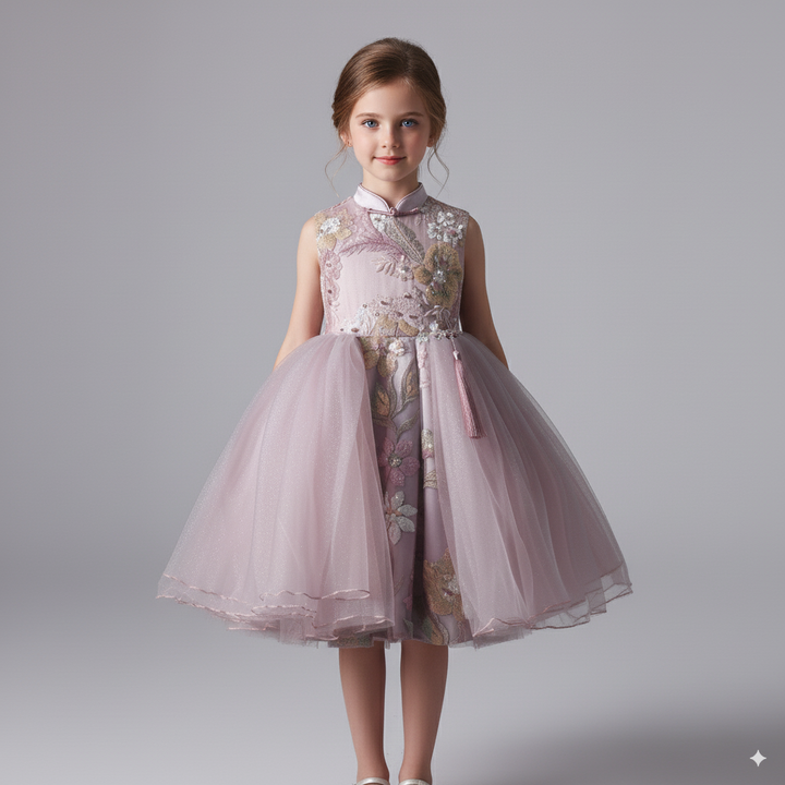 Blush Pink Embroidered Flower Girl Dress with Sequin Appliqué and Tulle Skirt – Special Occasion Flower Girl Dress Plus Size