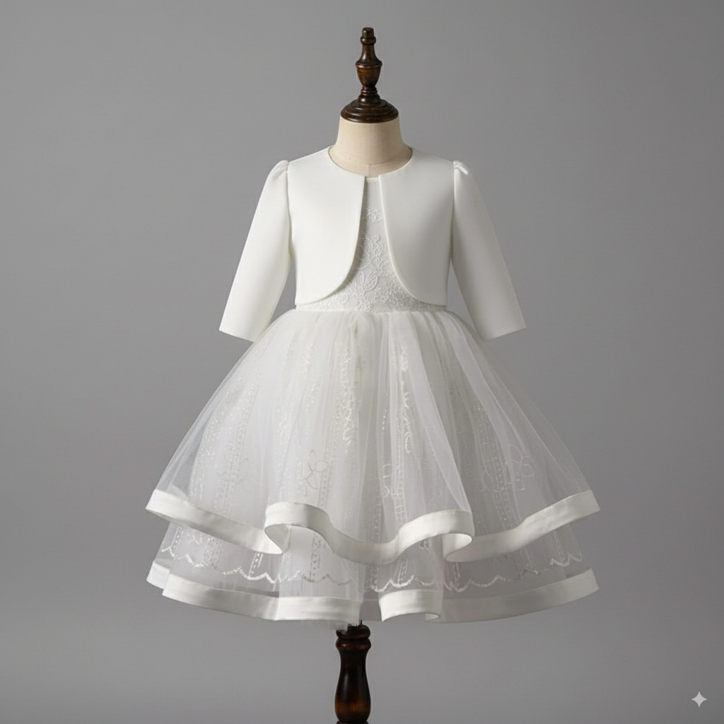 White Two-Piece Flower Girl Dress with Jacket – Elegant Tulle Wedding Flower Girl Dress Plus Size