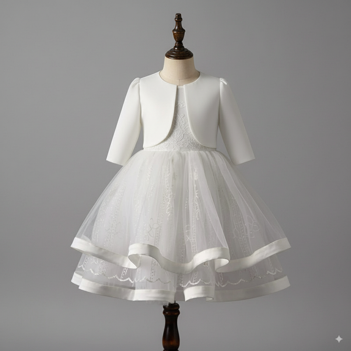 White Two-Piece Flower Girl Dress with Jacket – Elegant Tulle Wedding Flower Girl Dress Plus Size