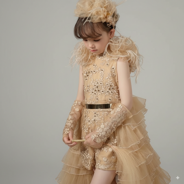 Gold Embroidered Tulle Flower Girl Dress with Ruffled Train – Luxury Flower Girl Dress for Wedding Plus Size