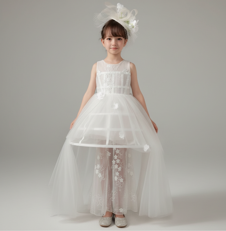 White Flower Girl Dress for Wedding – Elegant Tulle Flower Girl Dress with Lace Appliqué Plus Size