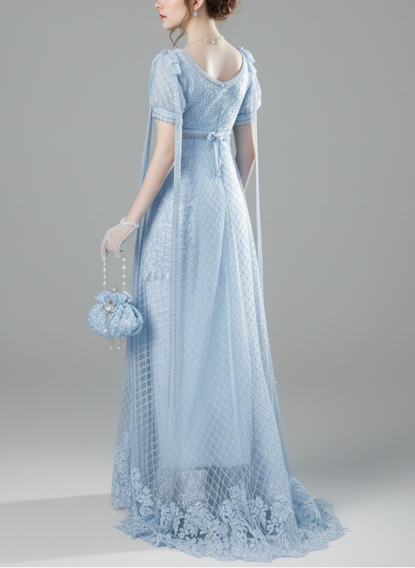 Regency Era Light Blue Empire Waist Dress with Puff Sleeves and Lace Overlay Bridgerton Inspired Gown Plus Size Size 28W / Light Blue Regency Era Light Blue Empire Waist Dress with Puff Sleeves and Lace Overlay Bridgerton Inspired Gown Plus Size Size 28W / Light Blue