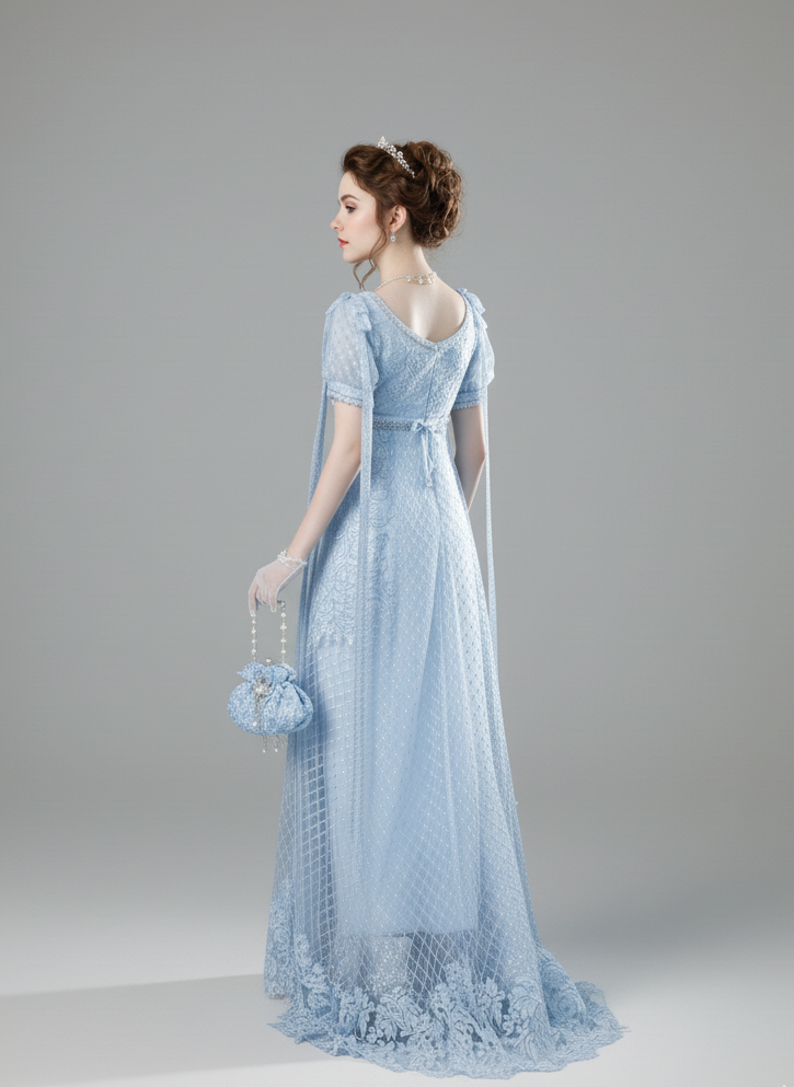 Regency Era Light Blue Empire Waist Dress with Puff Sleeves and Lace Overlay – Bridgerton Inspired Gown Plus Size