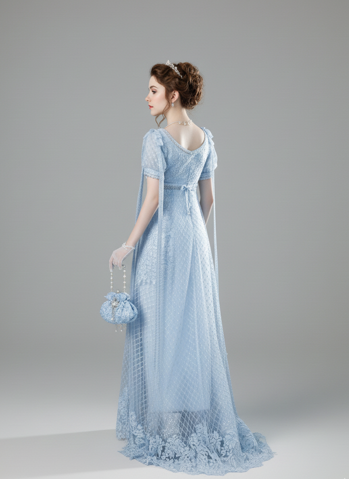 Regency Era Light Blue Empire Waist Dress with Puff Sleeves and Lace Overlay – Bridgerton Inspired Gown Plus Size