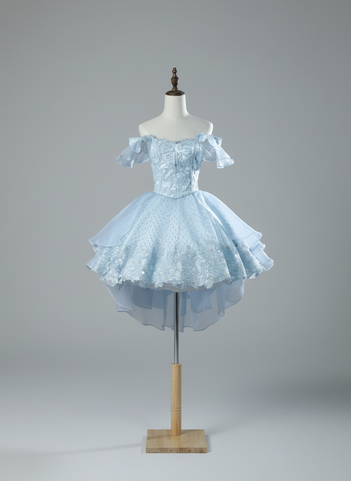 Light Blue Lolita Dress with Off-Shoulder - Short Evening Dress with Layered Ruffles – Lace Lolita Dress Plus Size