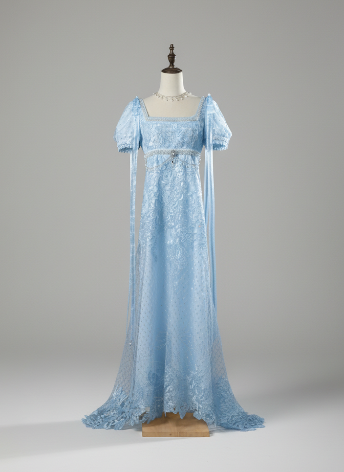 Regency Era Light Blue Empire Waist Dress with Puff Sleeves and Lace Overlay – Bridgerton Inspired Gown Plus Size
