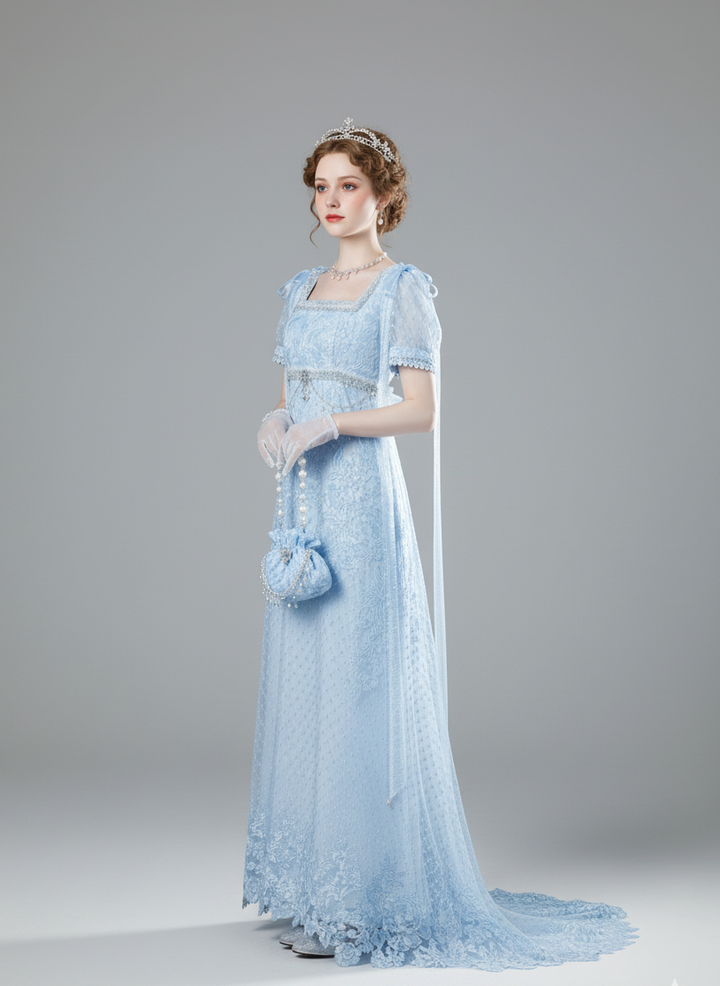Regency Era Light Blue Empire Waist Dress with Puff Sleeves and Lace Overlay – Bridgerton Inspired Gown Plus Size