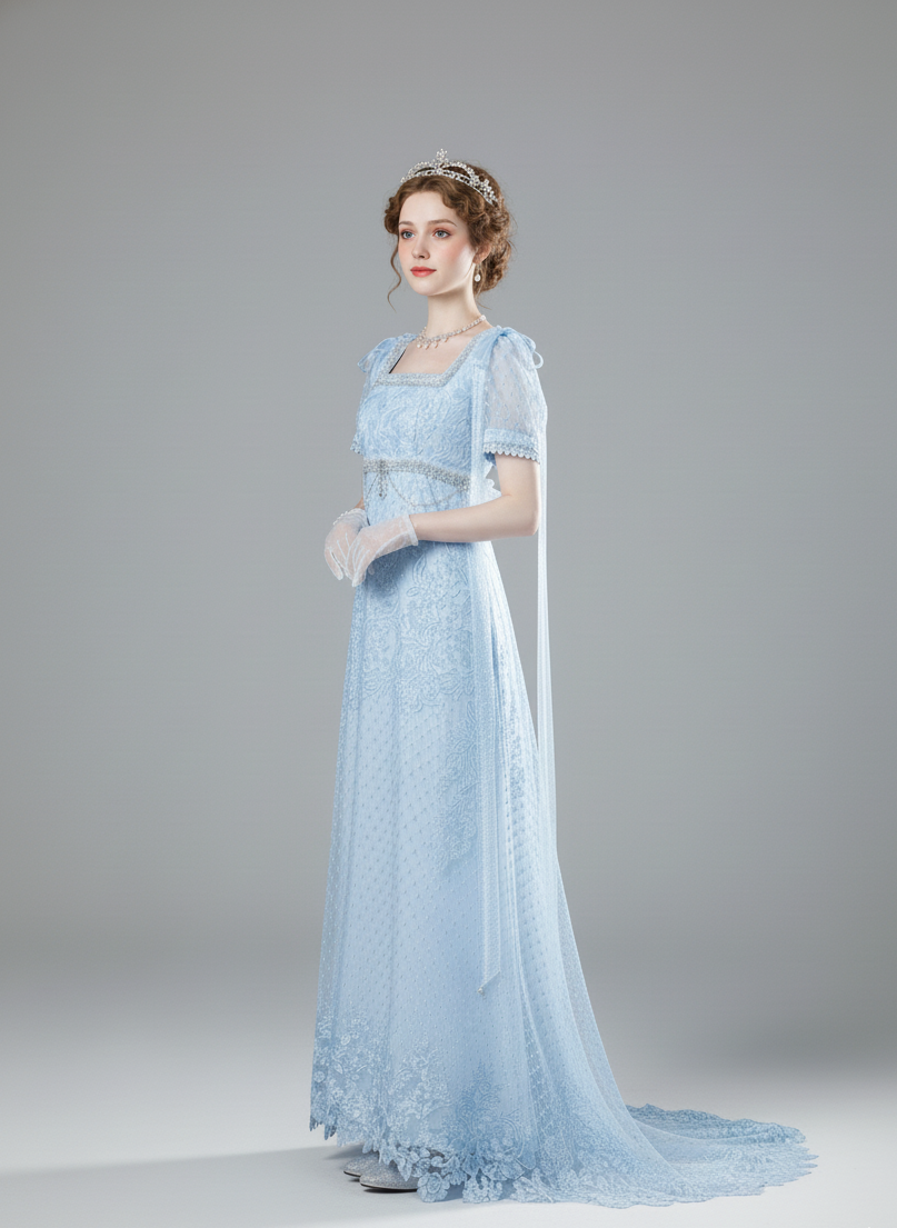 Regency Era Light Blue Empire Waist Dress with Puff Sleeves and Lace Overlay – Bridgerton Inspired Gown Plus Size