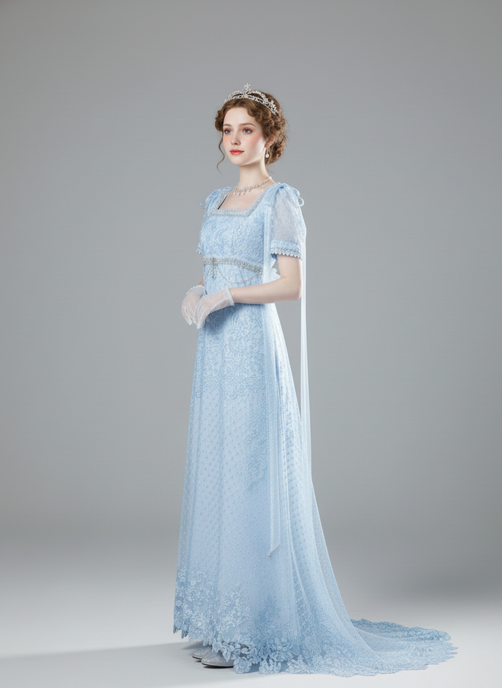 Regency Era Light Blue Empire Waist Dress with Puff Sleeves and Lace Overlay – Bridgerton Inspired Gown Plus Size