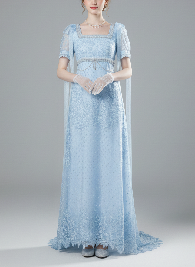 Regency Era Light Blue Empire Waist Dress with Puff Sleeves and Lace Overlay Bridgerton Inspired Gown Plus Size Size 28W / Light Blue Regency Era Light Blue Empire Waist Dress with Puff Sleeves and Lace Overlay Bridgerton Inspired Gown Plus Size Size 28W / Light Blue