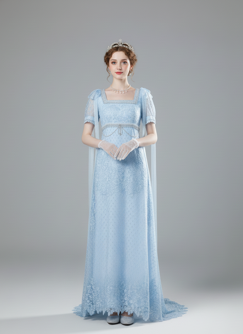 Regency Era Light Blue Empire Waist Dress with Puff Sleeves and Lace Overlay – Bridgerton Inspired Gown Plus Size