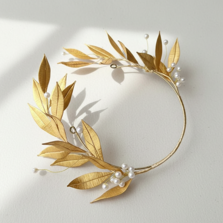 Bridgerton-Inspired Handmade Regency Era Gold Leaf Pearl Headpiece - Pearl Hair Accessorie