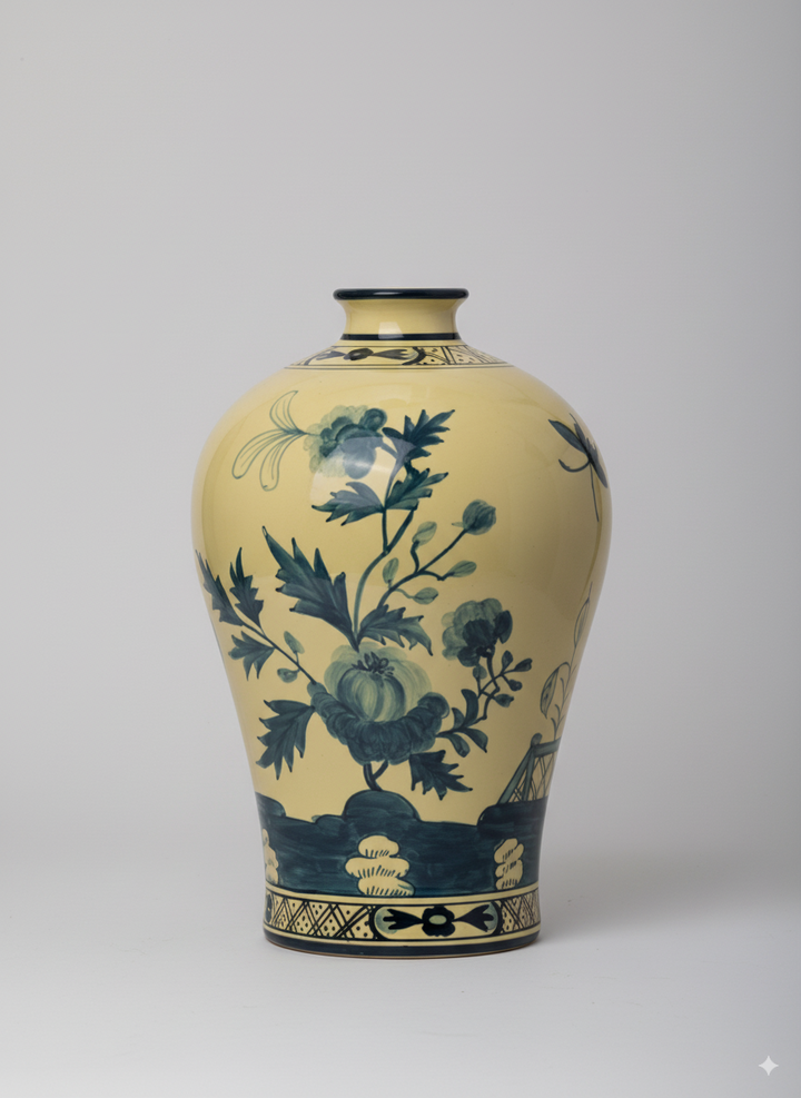 Oriental Italian Handmade Porcelain Vase in Naples Yellow with Cobalt Blue Floral Motifs