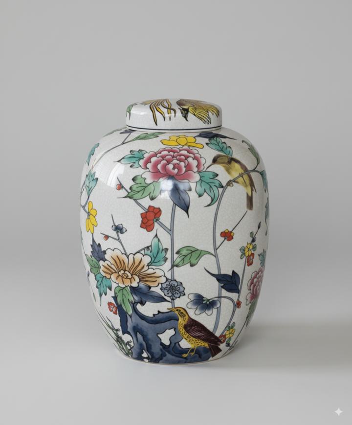 Mandarin White Handmade Famille Rose Porcelain Vase with Crackle Glaze Collectible Jar