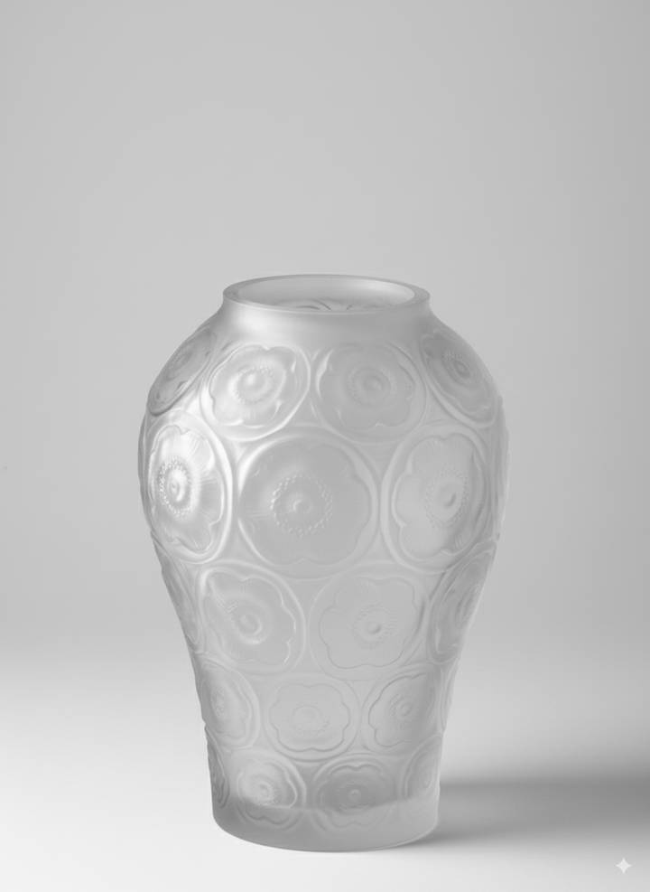 Antique French Handcrafted Transparent Frosted Crystal Glass Vase with Embossed Floral Motifs