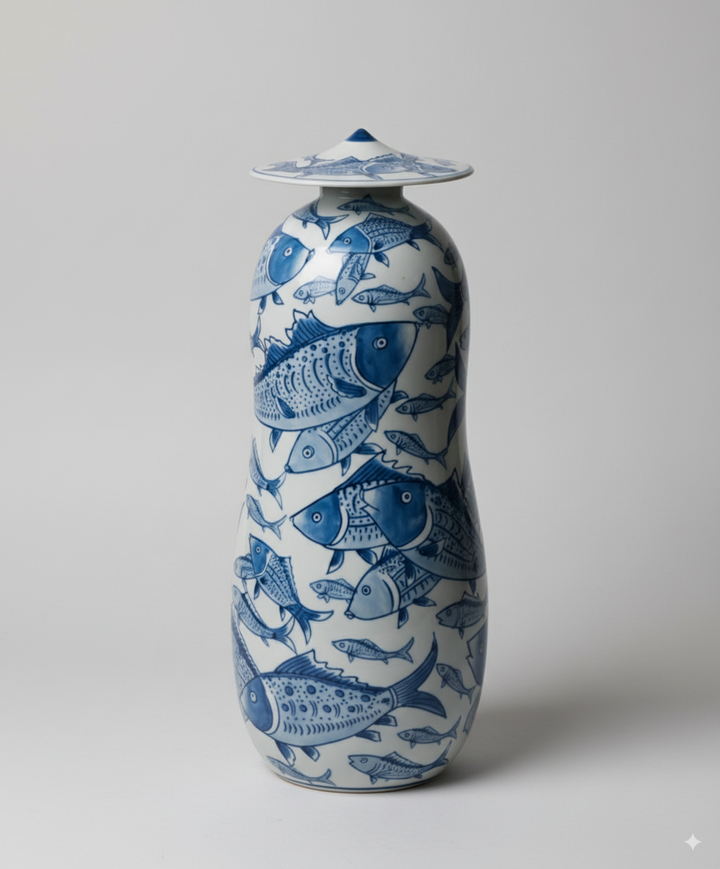 Oriental Handmade French Blue and White Porcelain Vase and Box Set with Hand-Painted Fish Motifs