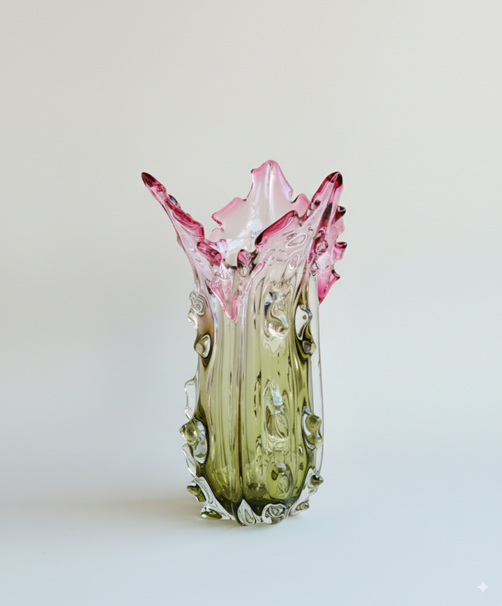Luxury Handmade French Baccarat Crystal Vase in Gradient Pink and Green Hand-Blown Heavy Crystal