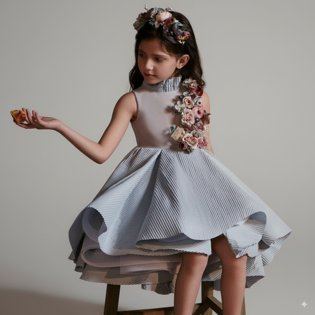 Light Blue Sleeveless Flower Girl Dress with 3D Floral Appliqué – Elegant Tulle Folwer Girl Dress Plus Size