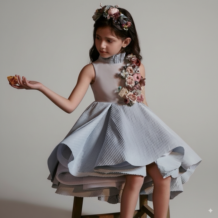 Light Blue Sleeveless Flower Girl Dress with 3D Floral Appliqué – Elegant Tulle Folwer Girl Dress Plus Size