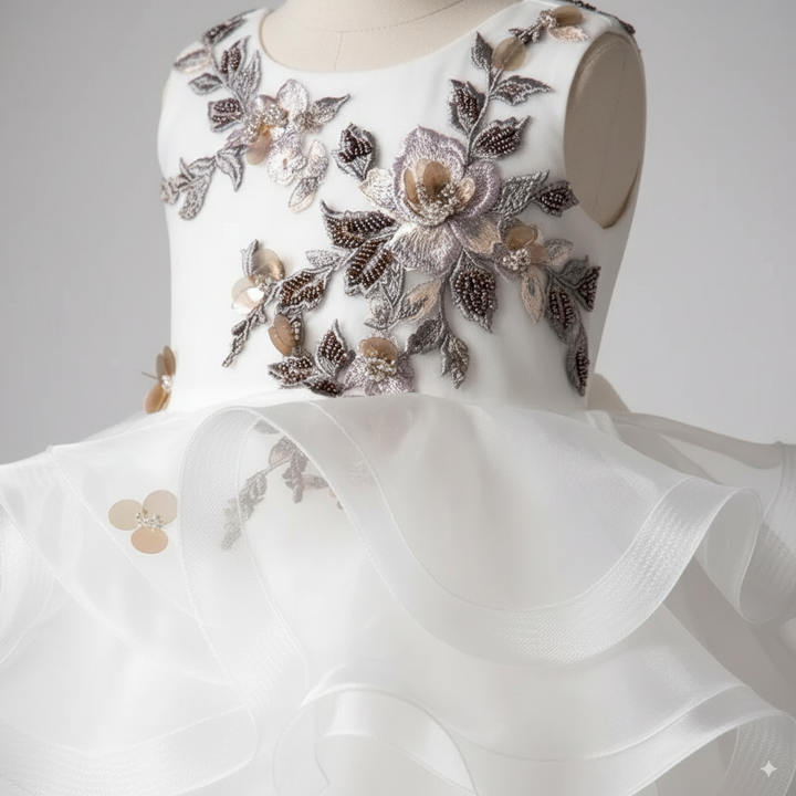 White Tulle Flower Girl Dress with 3D Floral Embroidery – Special Occasion Flower Girl Dress Plus Size
