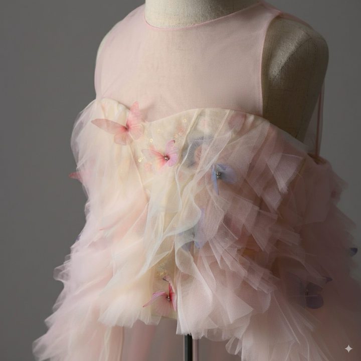 Blush Pink Tulle Flower Girl Dress with Butterfly Appliqué – Special Occasion Flower Girl Dress with Sleeveless Plus Size