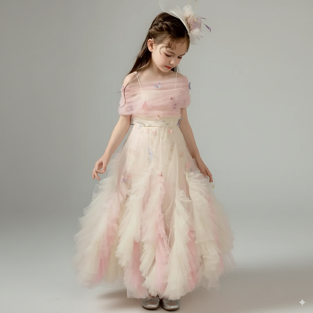 Blush Pink Tulle Flower Girl Dress with Off Shoulder – Special Occasion Flower Girl Dress with Butterfly Appliqué Plus Size