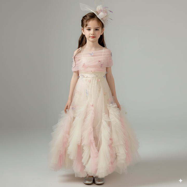 Blush Pink Tulle Flower Girl Dress with Off Shoulder – Special Occasion Flower Girl Dress with Butterfly Appliqué Plus Size