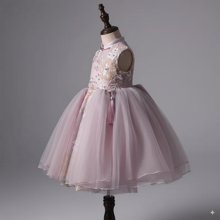 Blush Pink Embroidered Flower Girl Dress with Sequin Appliqué and Tulle Skirt – Special Occasion Flower Girl Dress Plus Size