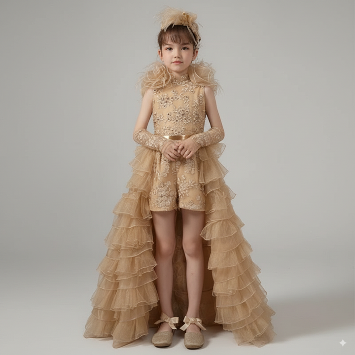 Gold Embroidered Tulle Flower Girl Dress with Ruffled Train – Luxury Flower Girl Dress for Wedding Plus Size