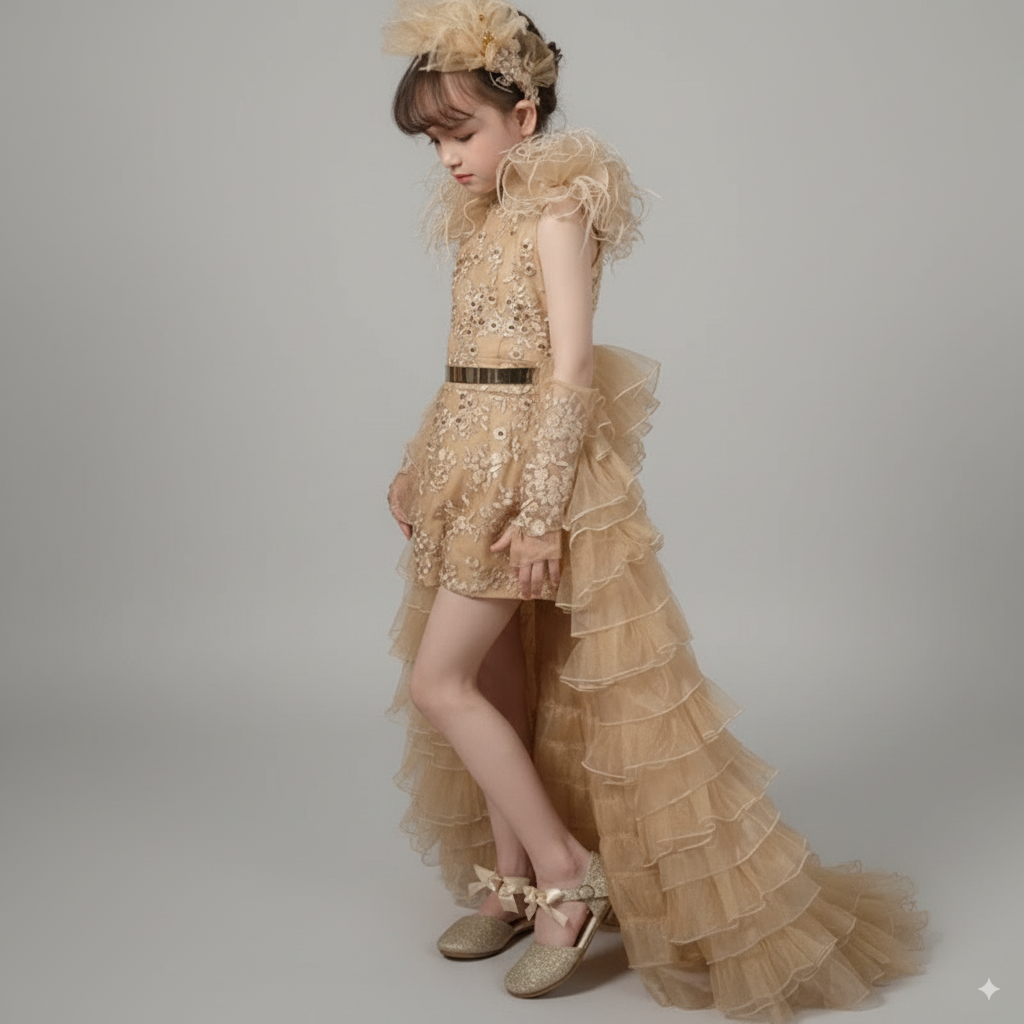 Gold Embroidered Tulle Flower Girl Dress with Ruffled Train – Luxury Flower Girl Dress for Wedding Plus Size