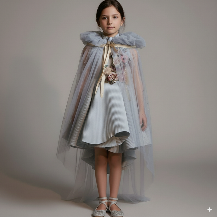 Light Blue Sleeveless Flower Girl Dress with 3D Floral Appliqué – Elegant Tulle Folwer Girl Dress Plus Size