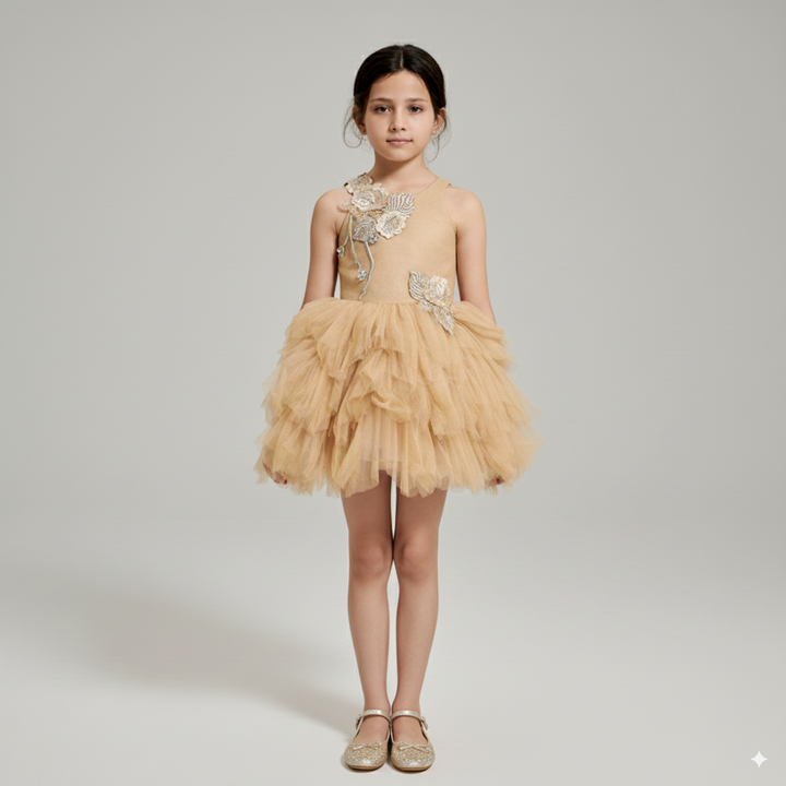 Golden Tulle Flower Girl Dress with 3D Floral Appliqué – Special Occasion Flower Girl Dress with Cape Plus Size