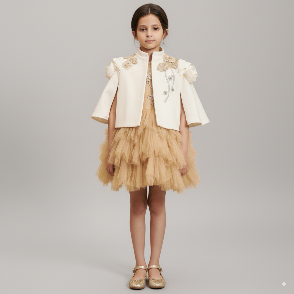 Golden Tulle Flower Girl Dress with 3D Floral Appliqué – Special Occasion Flower Girl Dress with Cape Plus Size
