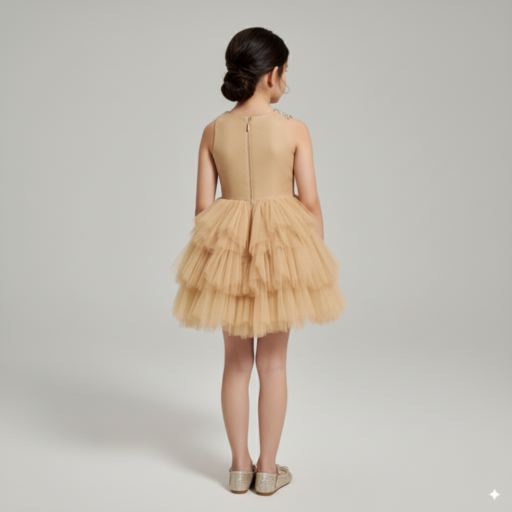 Golden Tulle Flower Girl Dress with 3D Floral Appliqué – Special Occasion Flower Girl Dress with Cape Plus Size