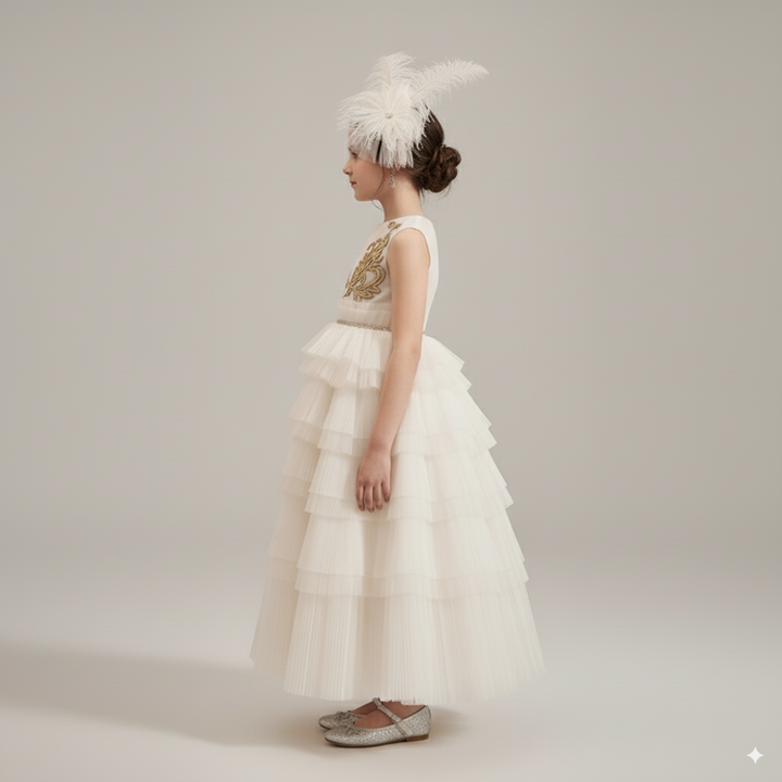 Ivory Layered Tulle Flower Girl Dress with Gold Embroidery – Special Occasion  Flower Girl Dress Plus Size