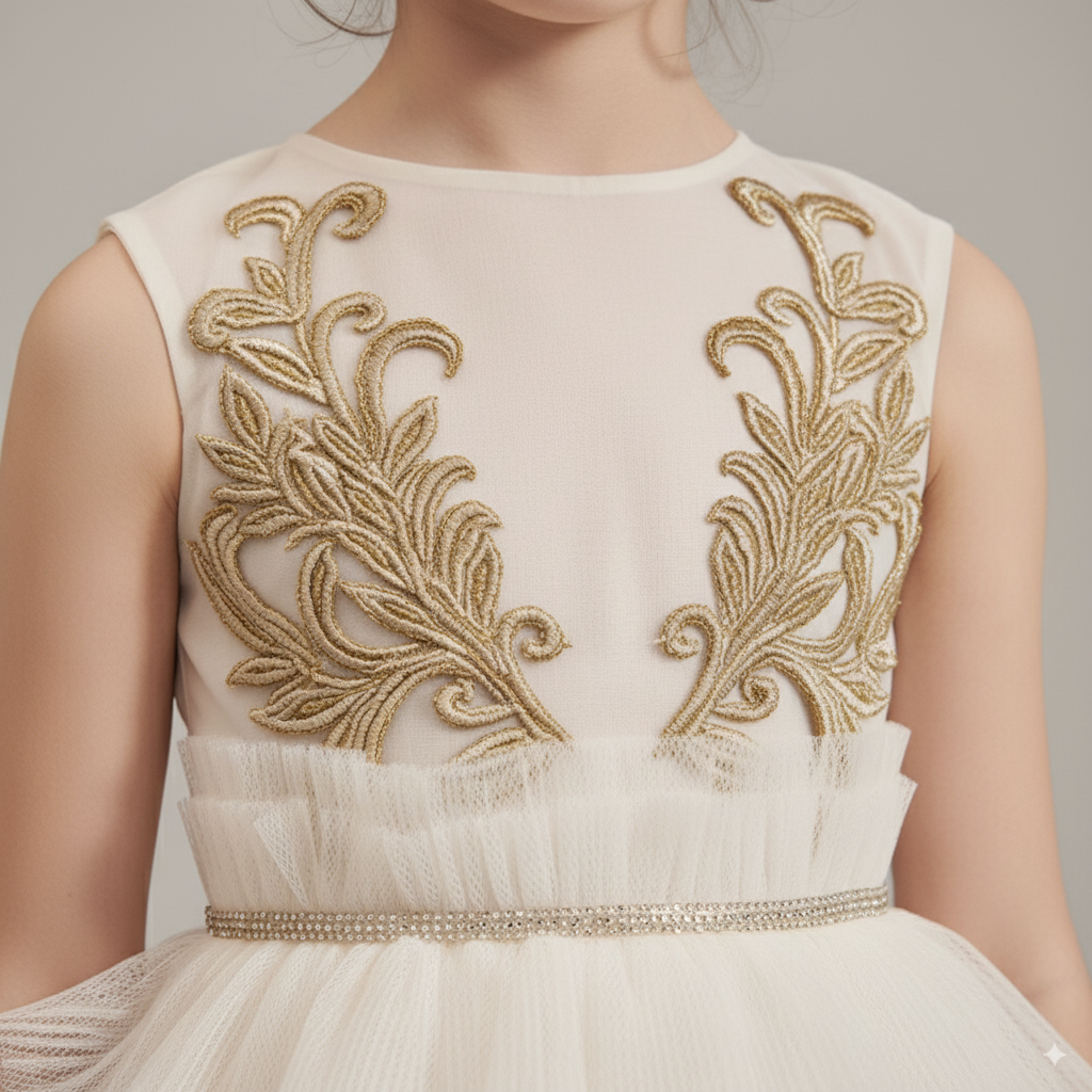 Ivory Layered Tulle Flower Girl Dress with Gold Embroidery – Special Occasion  Flower Girl Dress Plus Size