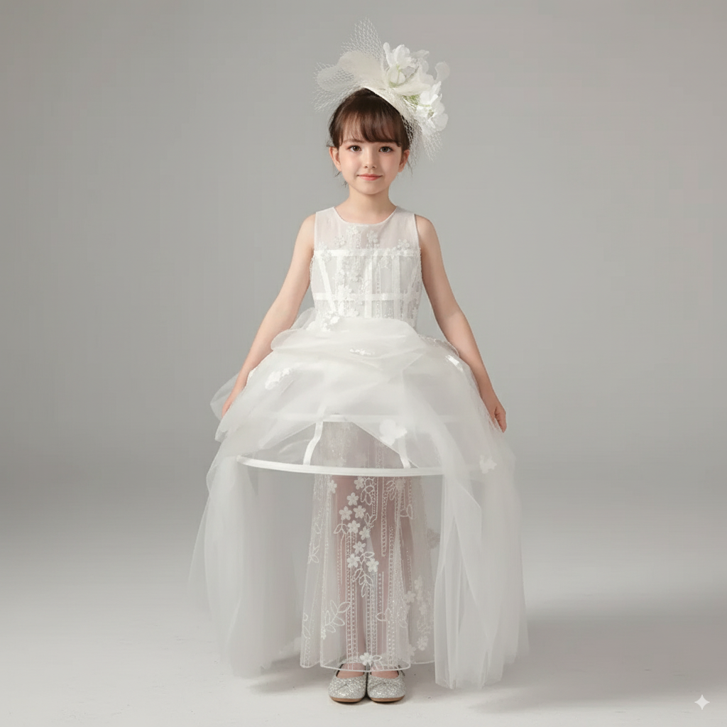 White Flower Girl Dress for Wedding – Elegant Tulle Flower Girl Dress with Lace Appliqué Plus Size