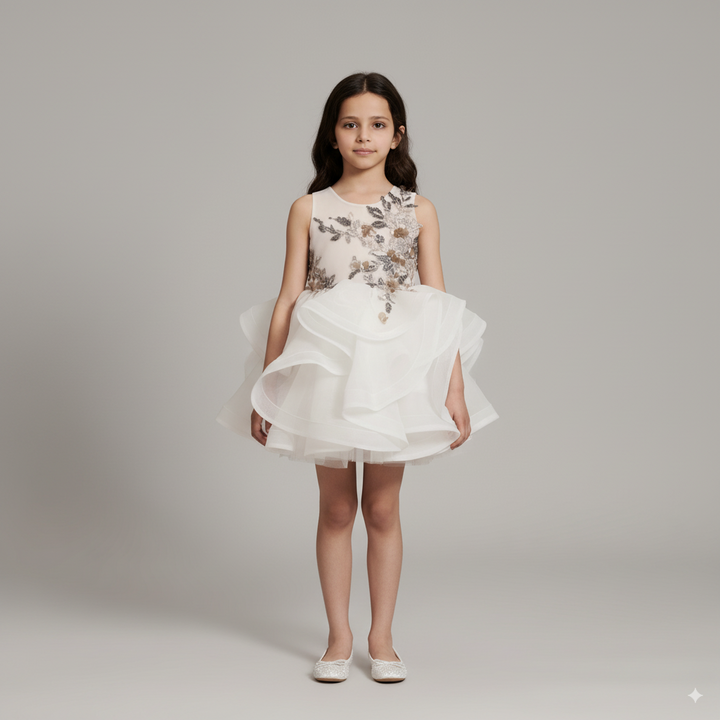 White Tulle Flower Girl Dress with 3D Floral Embroidery – Special Occasion Flower Girl Dress Plus Size