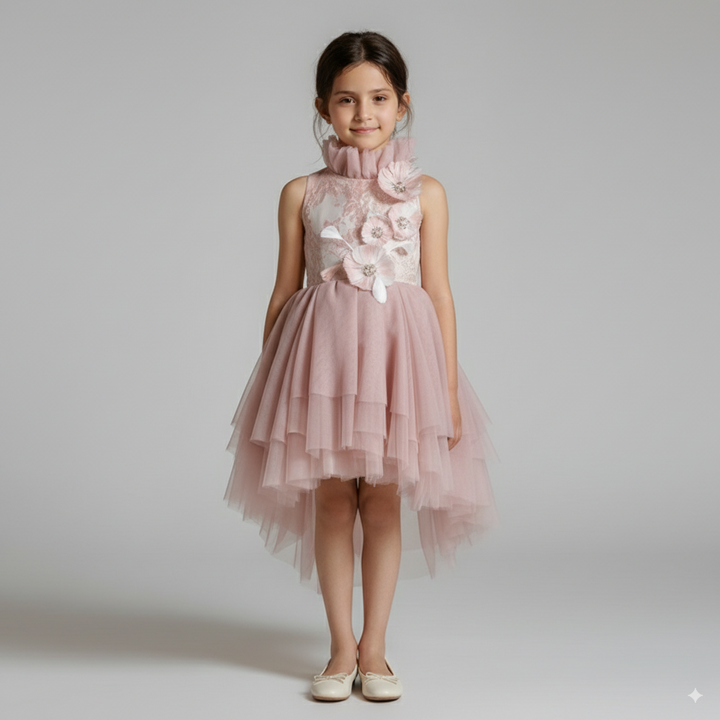 Dusty Mauve Pink Tulle Flower Girl Dress with 3D Floral Embroidery – Elegant Flower Girl Gown Plus Size