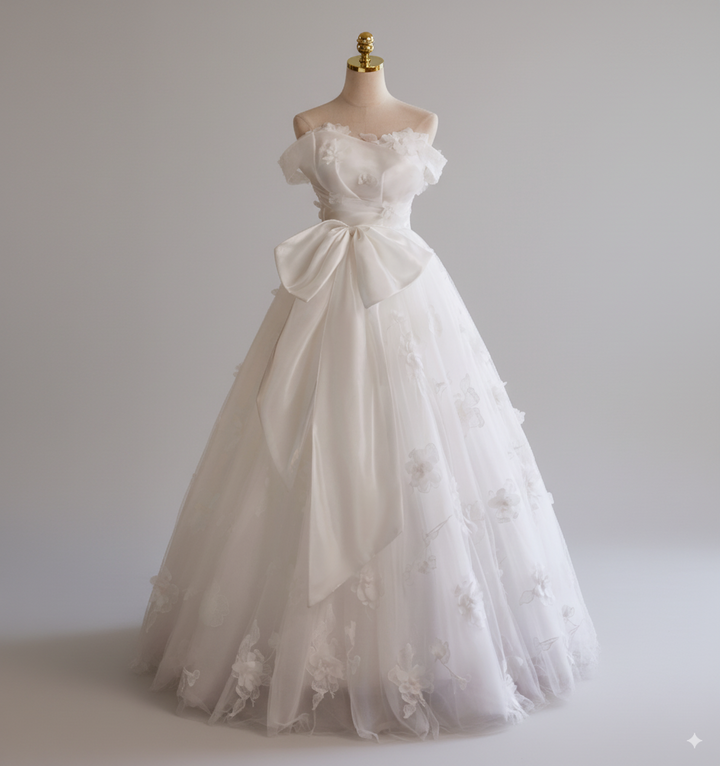 White Floral Wedding Dress with Bow – Ball Gown Wedding Dresses Princess with Strapless - Fairytale Wedding Dress Plus Size