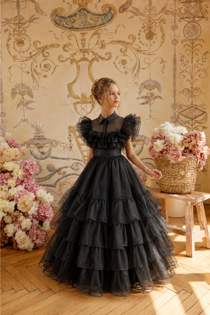 Girls Gothic Dress – Handmade Black Organza Victorian Dress with Ruffled Collar, Puff Sleeves & Tiered Skirt