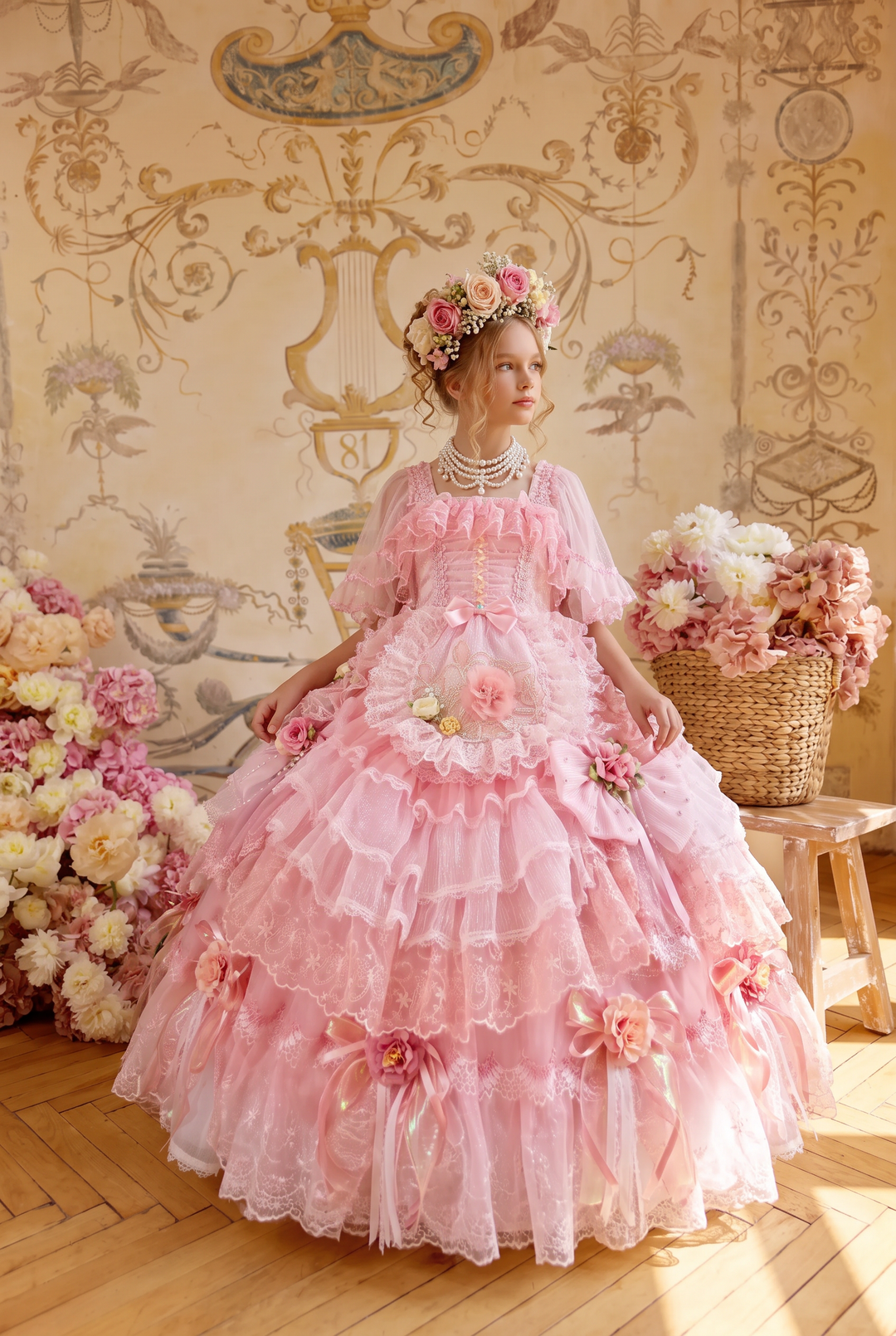 Girls Lolita Dress – Handmade Pink Rococo Tulle Gown with Lace Ruffles, Floral Appliqués & Bows