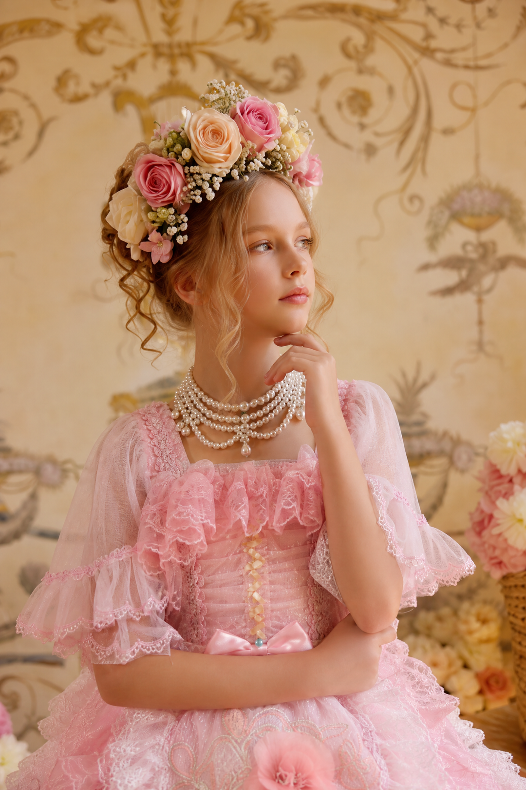 Girls Lolita Dress – Handmade Pink Rococo Tulle Gown with Lace Ruffles, Floral Appliqués & Bows