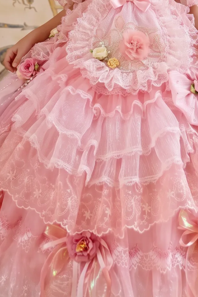 Girls Lolita Dress – Handmade Pink Rococo Tulle Gown with Lace Ruffles, Floral Appliqués & Bows