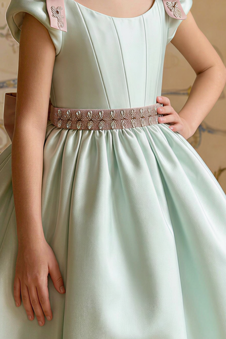 Girls Regency Dress – Handmade Mint Green Satin Princess Dress with Pink Rhinestone Waistband & Bow Details
